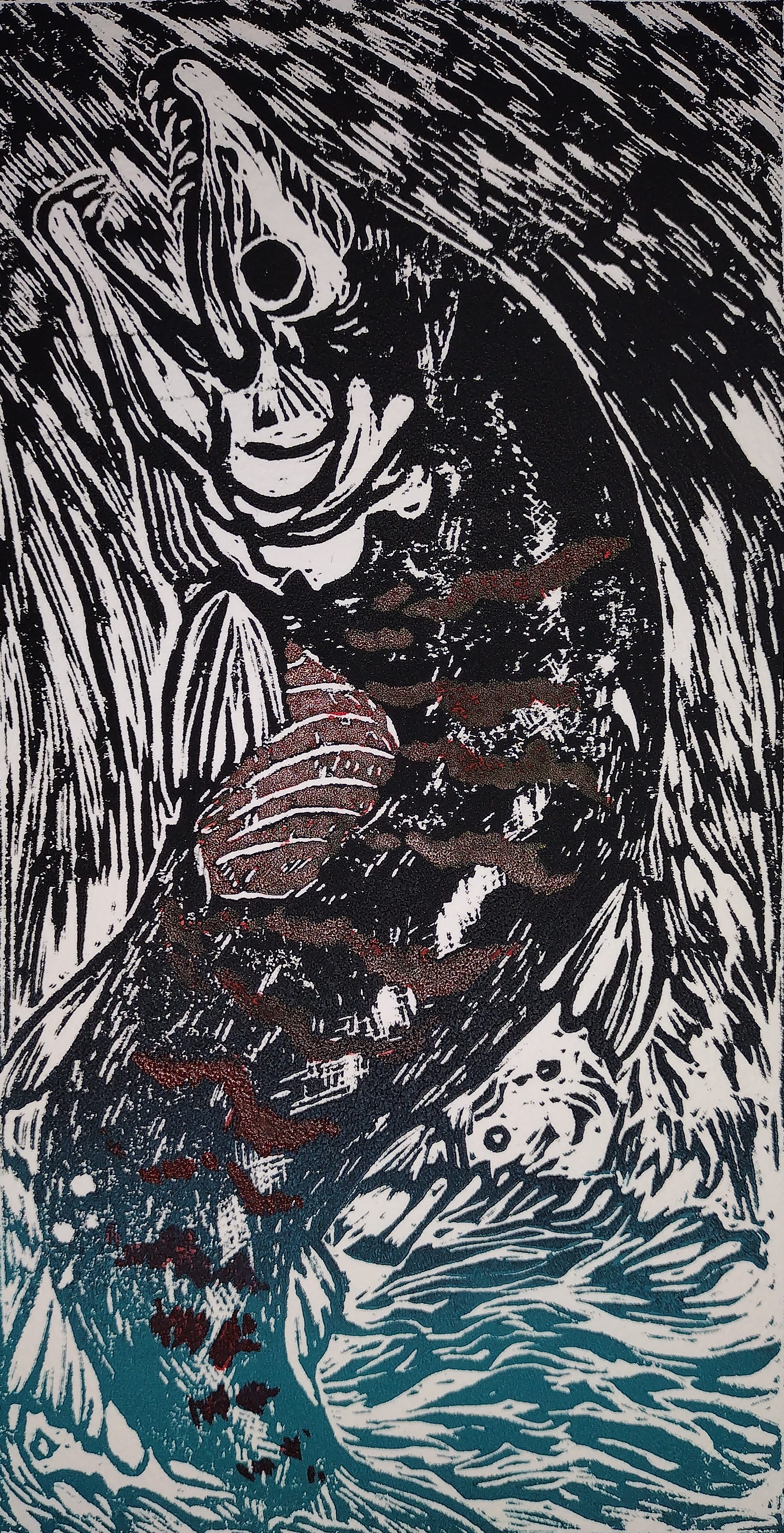 hand-painted custom print of a chum salmon. the print is gradient black on top to blue on the bottom with red stripes on the body of the salmon